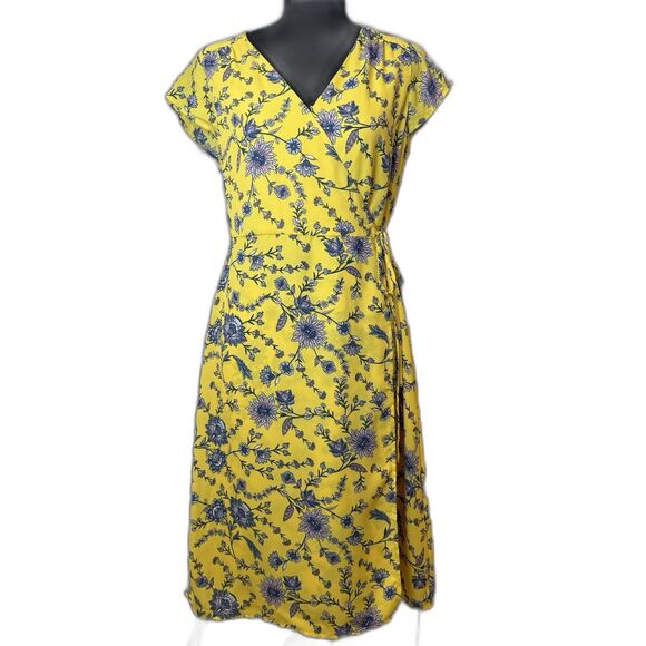 Banana Republic Factory Wrap Dress Yellow Floral Midi Womens Size 8 Petite NWT - Picture 1 of 13